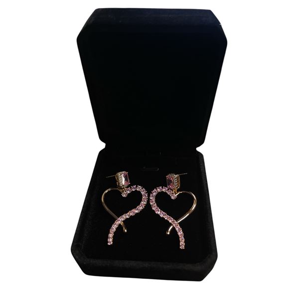 New 18K Gold Plated 1.0ct Emerald Cut Pink Simulated Diamond (CZ) Heart Dangle Earrings