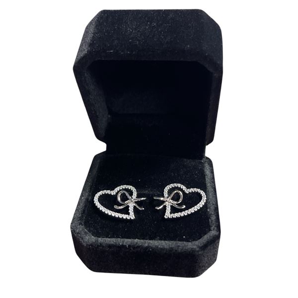 New Platinum Plated 18.00mm Simulated Diamond (CZ) Heart Bow Stud Earrings
