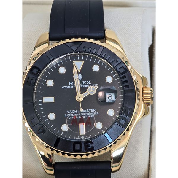 BRAND NEW FULLY AUTOMATIC ROLEX YACH MASTER 42 MM AAA QUALITY REPLICA WATCH, BLACK DIAL WITH GOLD CA