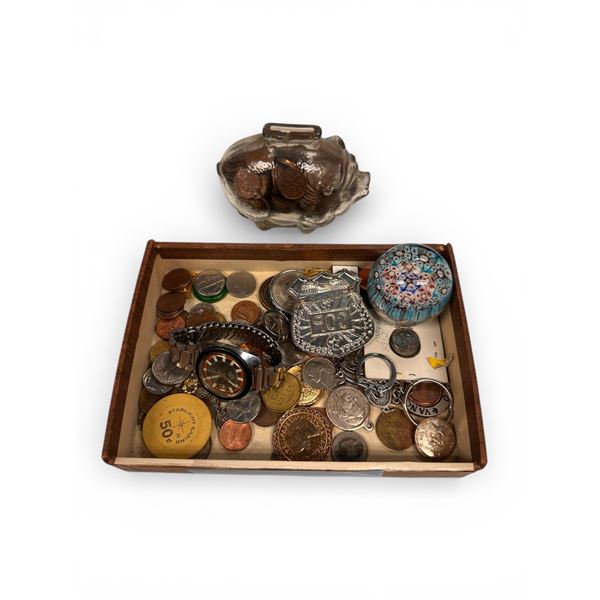 Lot of Assorted Pins, Watch, Coins