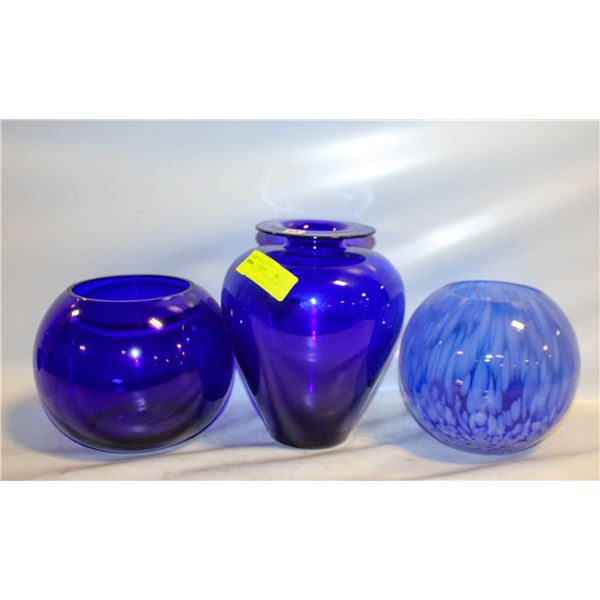 3 COBALT BLUE HANDMADE GLASS VASES