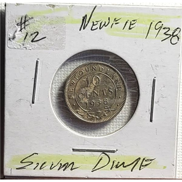6) NEWFOUNDLAND 1938 DIME, 90% SILVER