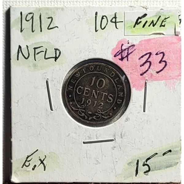 5) NEWFOUNDLAND 1912 DIME, 90% SILVER
