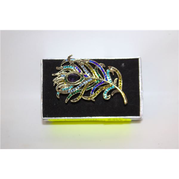 NEW PEACOCK FEATHER BROOCH FILLED TEAL,