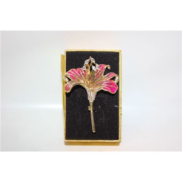 NEW LILY FLOWER BROOCH GP PINK AND CLEAR