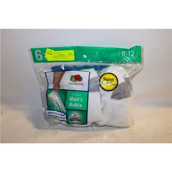 ANKLE SOCKS WHITE 6-12 SIZE 6-PACK FRUIT OF LOOM