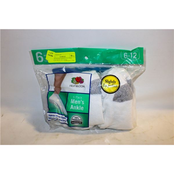 ANKLE SOCKS WHITE 6-12 SIZE 6-PACK FRUIT OF LOOM
