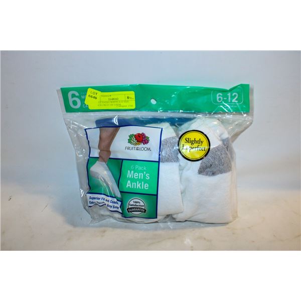 ANKLE SOCKS WHITE 6-12 SIZE 6-PACK FRUIT OF LOOM