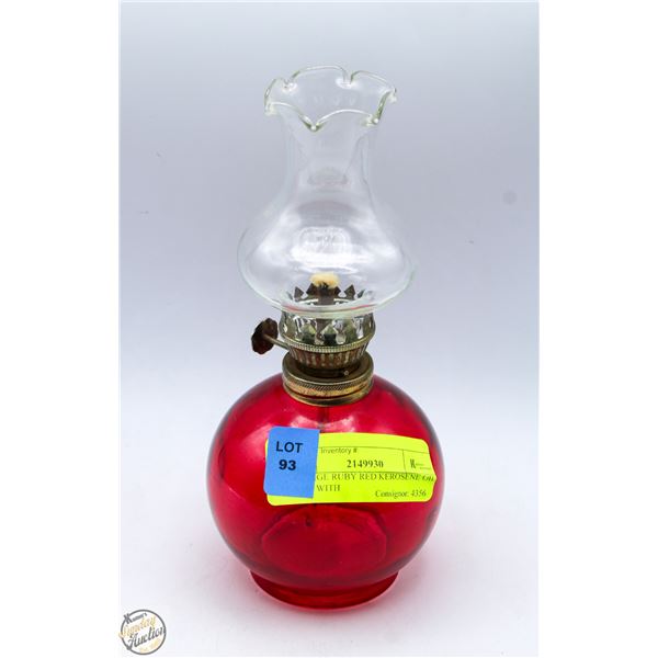 VINTAGE RUBY RED KEROSENE OIL LAMP WITH