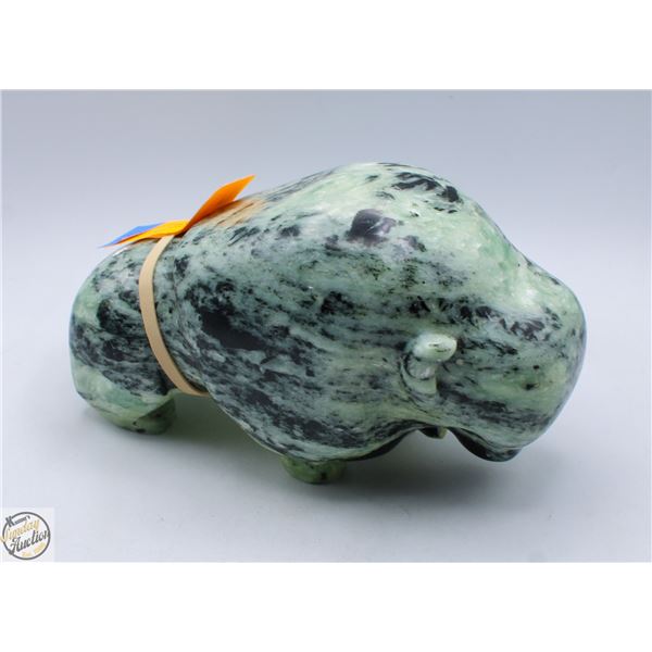 GREEN STONE CARVING BUFFALO SIGNED K.M 4"X8"