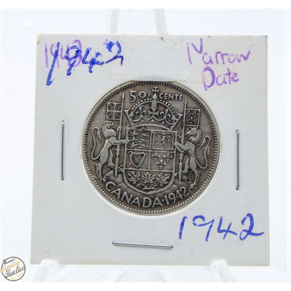 1942 CDN SILVER 50 CENT COIN NARROW DATE