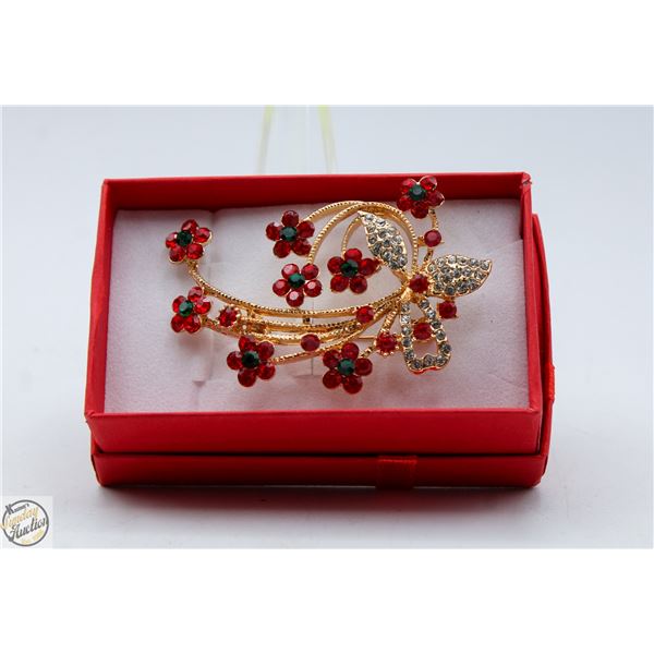 NEW RHINESTONE FLOWER BROOCH RED &