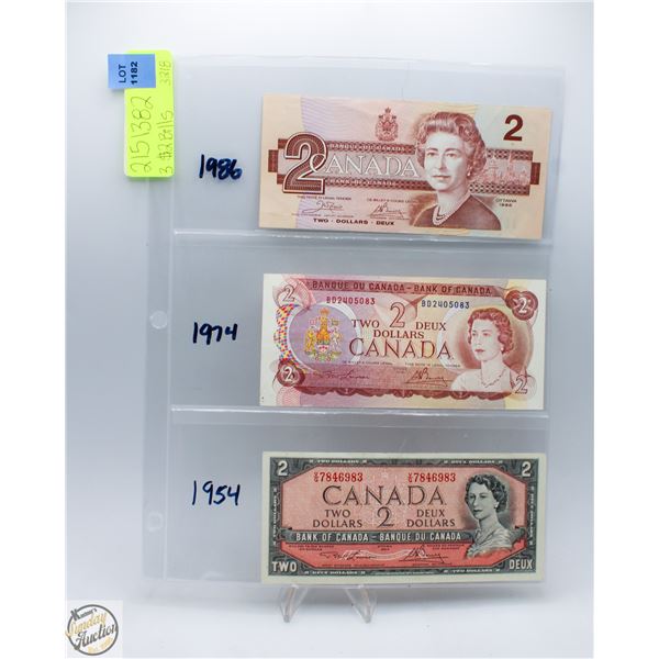 3 CANADIAN VINTAGE $2 BILLS 1954/1974/1986