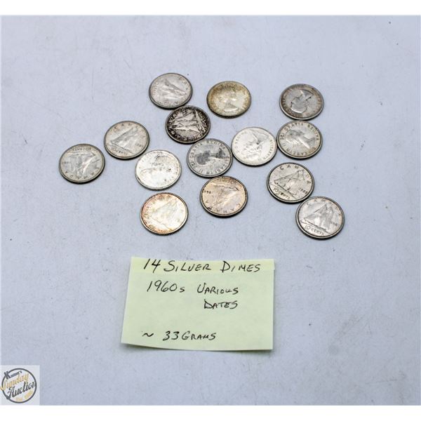 14 - SILVER DIMES 1960S VARIOUS DATES ~33 GRAMS