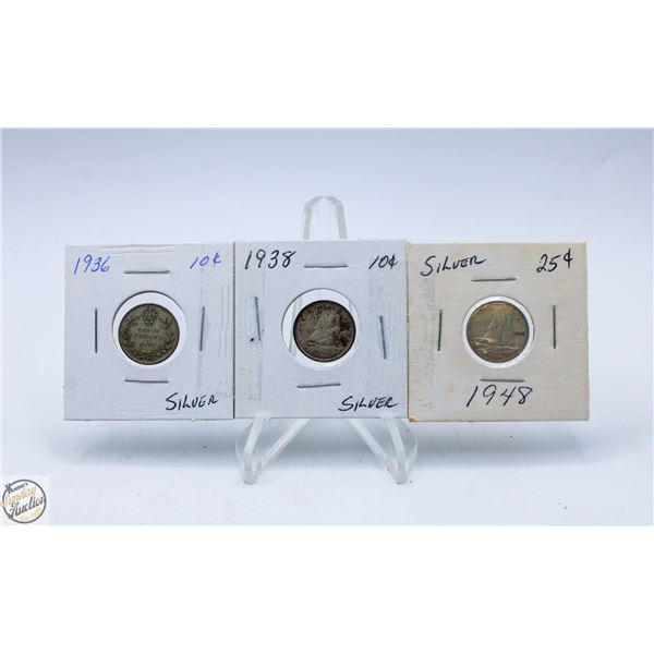 1936, 1938 & 1948 SILVER DIMES