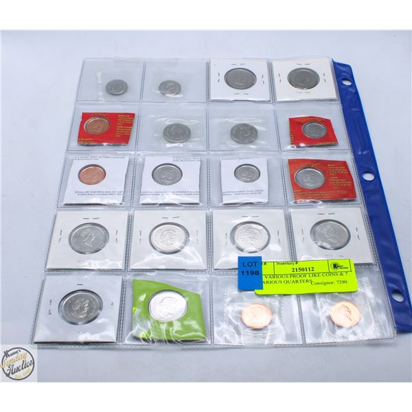 13 VARIOUS PROOF LIKE COINS & 7 VARIOUS QUARTERS