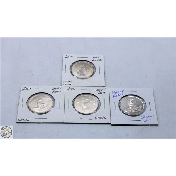 4 HARRY POTTER COINS; CHESS, UNICORN, LAMPS &