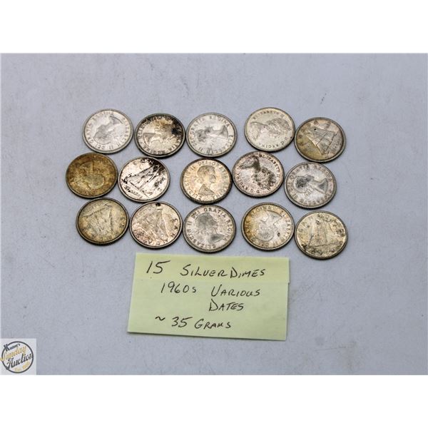 15 - SILVER DIMES 1960S VARIOUS DATES ~35 GRAMS