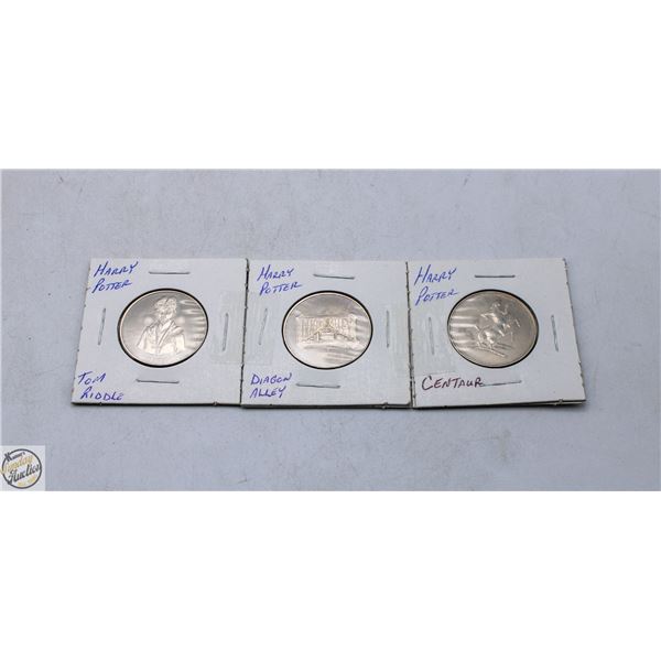 3 HARRY POTTER COINS; TOM RIDDLE, DIAGON ALLEY &