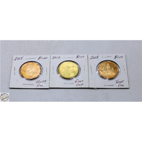 TWO 2005 TERRY FOX $1.00 & 2012 GREY CUP $1.00