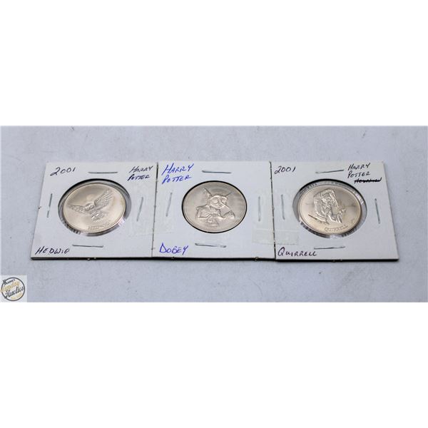 3 HARRY POTTER COINS; HEDWIG, DOBEY & QUIRRELL