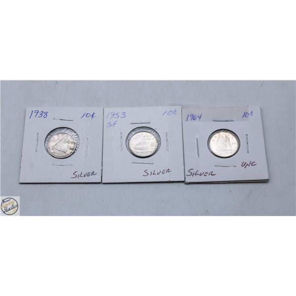 1938, 1953 SF & 1964 SILVER DIMES