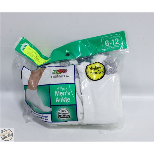 ANKLE SOCKS WHITE 6-12 SIZE 6-PACK FRUIT OF