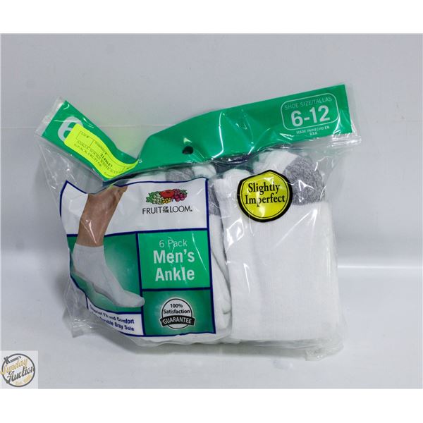 ANKLE SOCKS WHITE 6-12 SIZE 6-PACK FRUIT OF