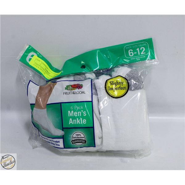 ANKLE SOCKS WHITE 6-12 SIZE 6-PACK FRUIT OF