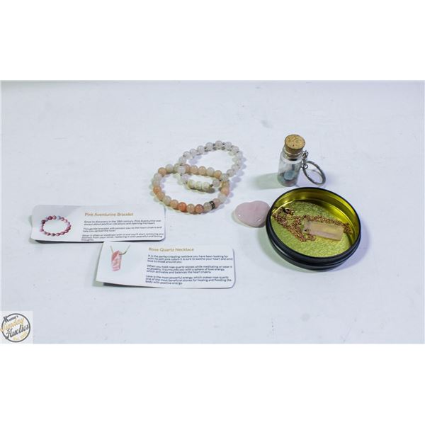 GENUINE ROSE QUARTZ NECKLACE, BRACELETS,