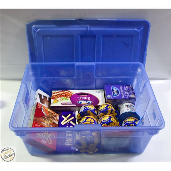 LIDDED TOTE OF ASSORTED NON-PERISHABLE