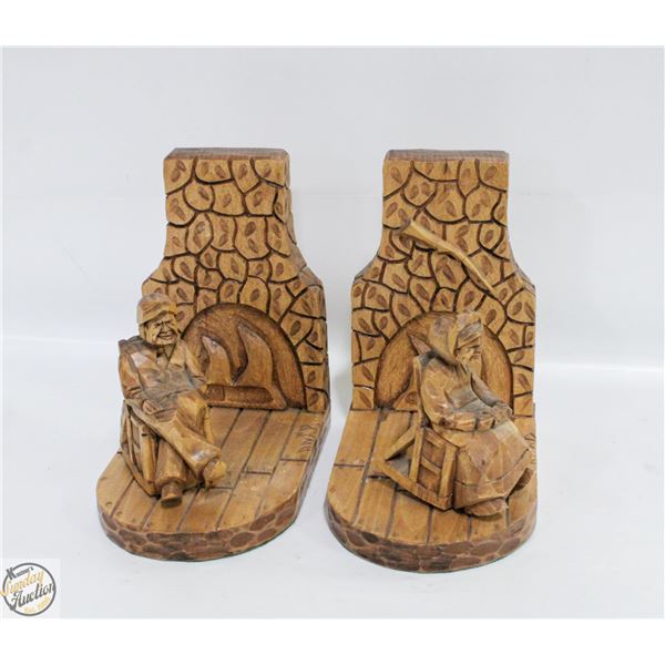 VINTAGE WOOD BOOKENDS, OLD MAN & OLD