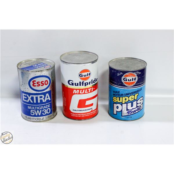 3 COLLECTOR GULF/ESSO CANS FULL