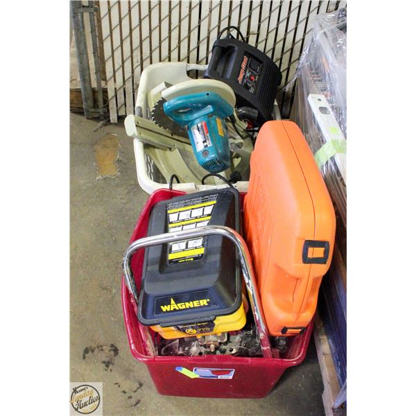 2 TOTES OF ESTATE TOOLS, MAKITA SLIDING