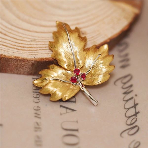 18K Gold Ruby Maple Leaf Pendant