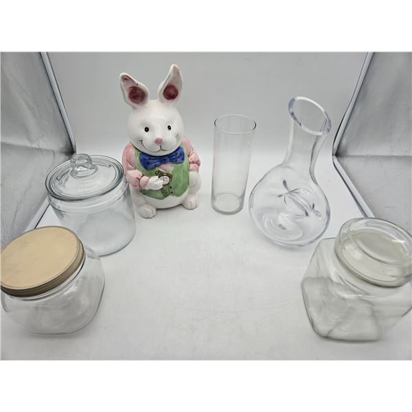 assorted glass containers and easter bunny cookie jar (cla27)