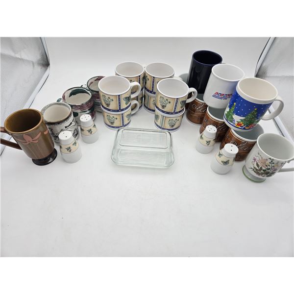 large collection of mugs and kitchen dishes (cla27)