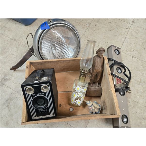 collection of vintage items in a classic wooden crate (cw31)