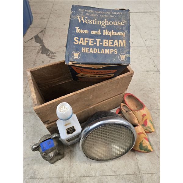 collection of vintage items in a classic wooden crate (cw31)