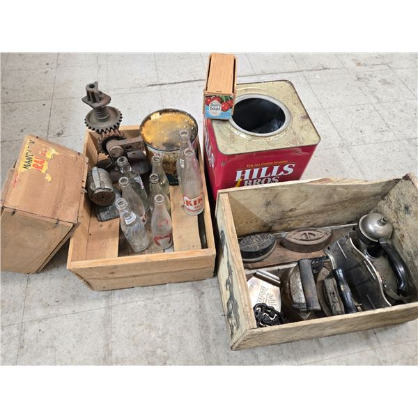 collection of vintage items in a classic wooden crate (cw31)