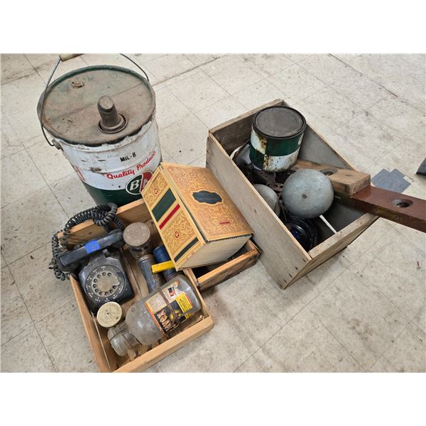 collection of vintage items in a classic wooden crate (cw31)