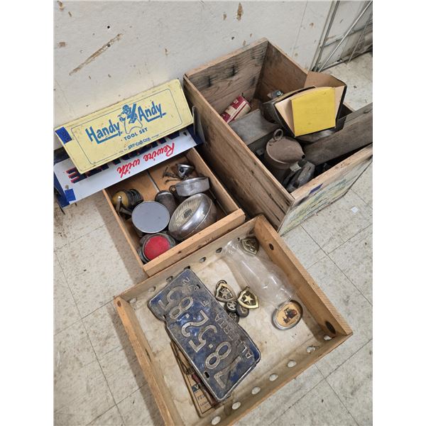 collection of vintage items in a classic wooden crate (cw31)