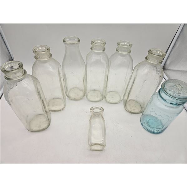 collection of vintage glass milk bottles and jar (cl2)