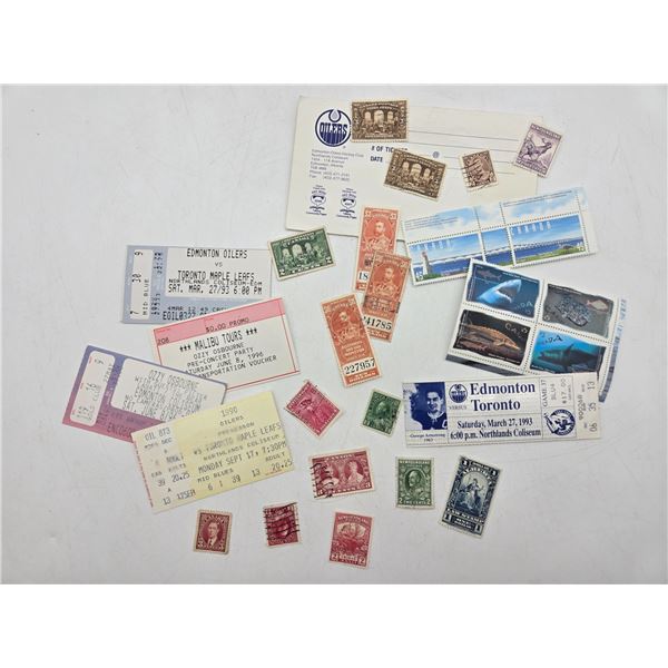 collection of vintage postal stamps and oilers ticket stubs (cl2)