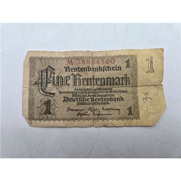 1938 Deutsche Rentenbank 1 Rentenmark banknote from Germany. (cl2)