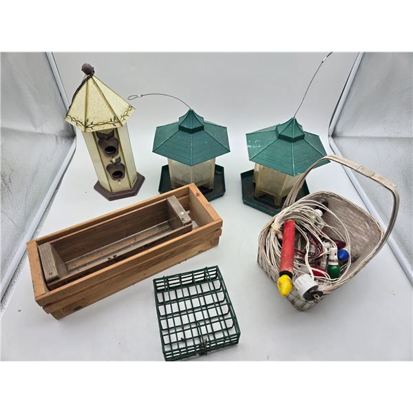 assortment of bird feeders, wooden crates, and vintage x-mas lights (cl2)