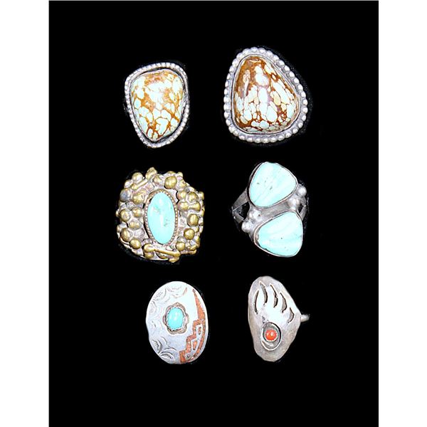6 Unmarked Sterling Turquoise And Coral Rings