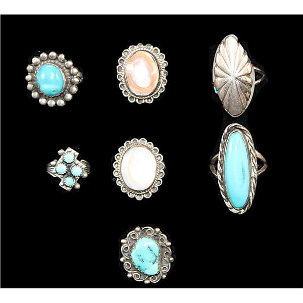 7 Marked Sterling Turquoise And Gemstone Rings