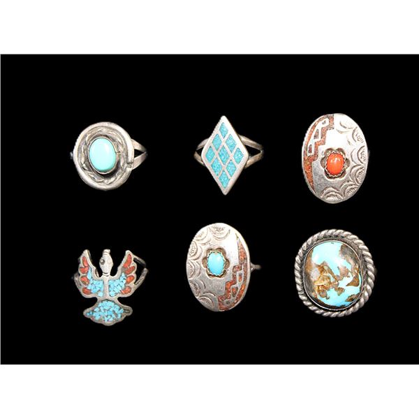 6 Unmarked Sterling Turquoise And Coral Rings