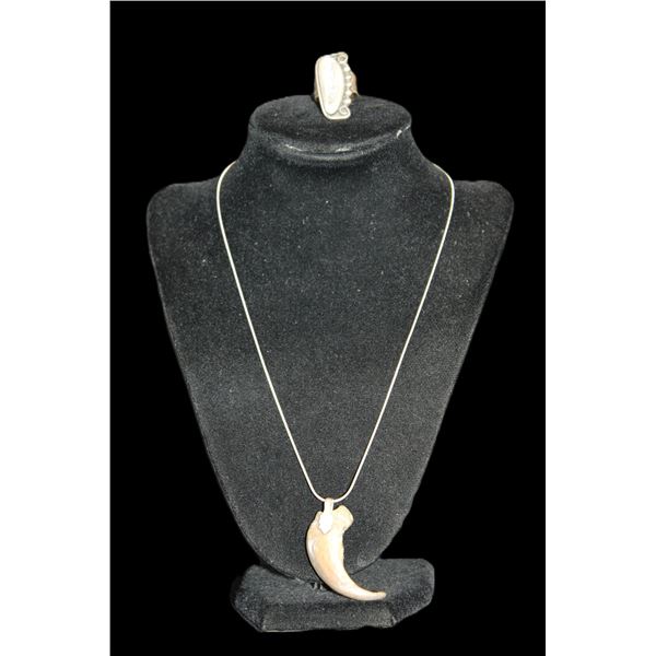 Navajo Style Silver Ring With Abalone Shell Inlay- Mid Century Bear Claw Necklace With Unmarked Ster